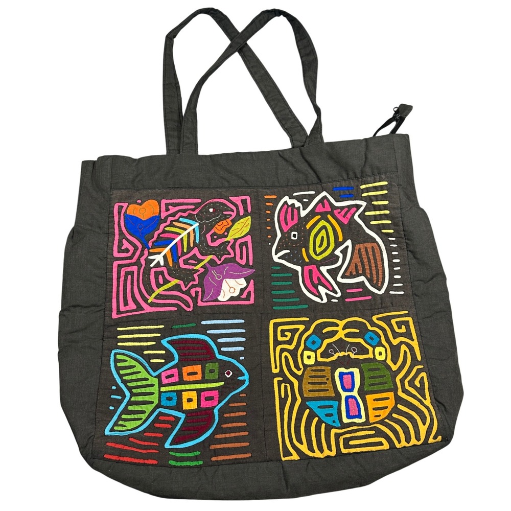 Handmade Mola Embroidery Tote Bag Black Folk Art Animal Fish Crab Panama Zip